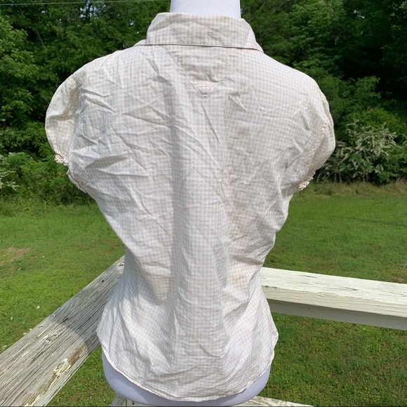 Vintage TH Tommy Hilfiger Soft Cotton Cream Gingham Button Puff Sleeve Blouse - Picture 5 of 9